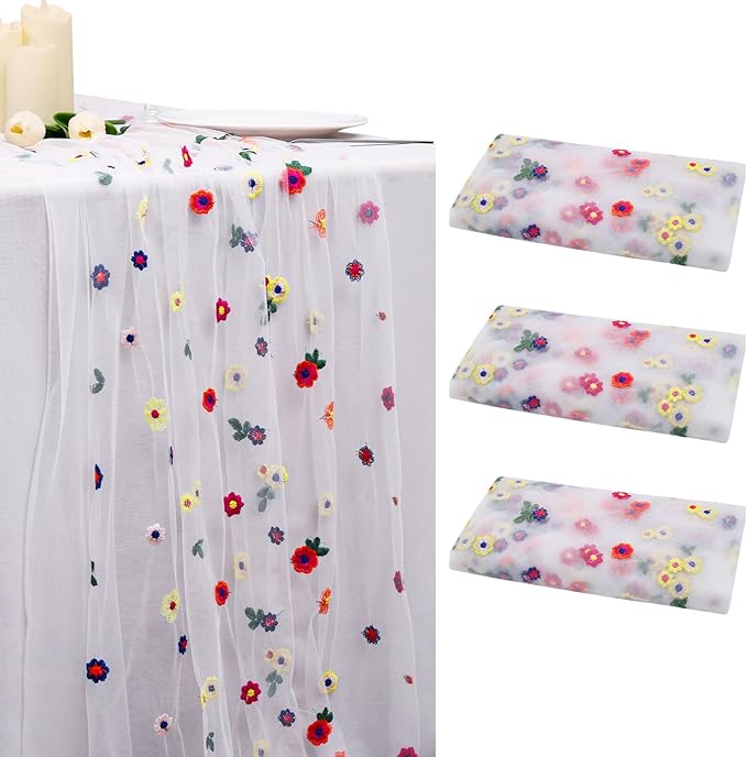 BINBE 3pcs Ivory Daisy Fall Table Runner Embroidery Gauze 10FT Florals Seasonal by BINBE