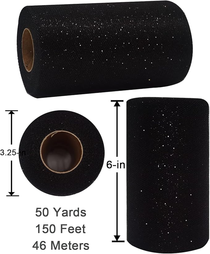 Black Glitter Tulle Fabric Rolls, 6 Inch 50 Yards Sparkling Spool Ribbon Sequin - Image 3