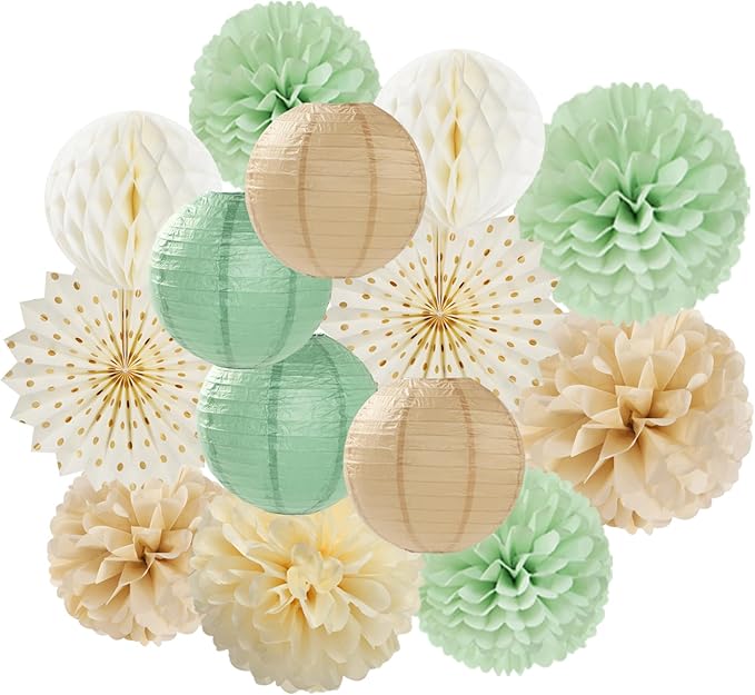 Sage-Green Beige-Champagne Party-Decorations Streamers Lanterns by OURUOLA