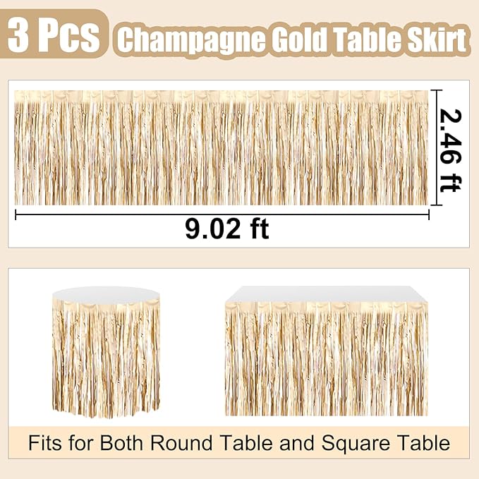 3 Pack 29 x108 Inch Champagne Gold Foil Fringe Table Skirts Metallic Banner - Image 2
