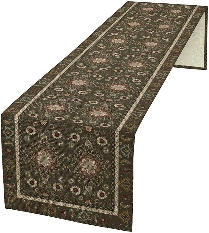 Vintage Boho Floral Table Runner, Rustic Country Farmhouse Brown Bohemia Flower by Unknown