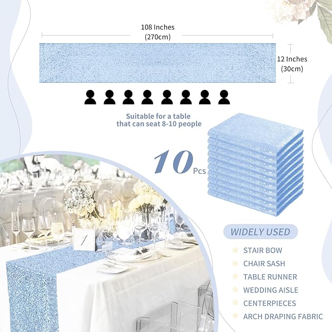 Glitter Sequin Table Runners 10 Pieces 12x108 Inchs Baby Blue Elegant Wedding - Image 3