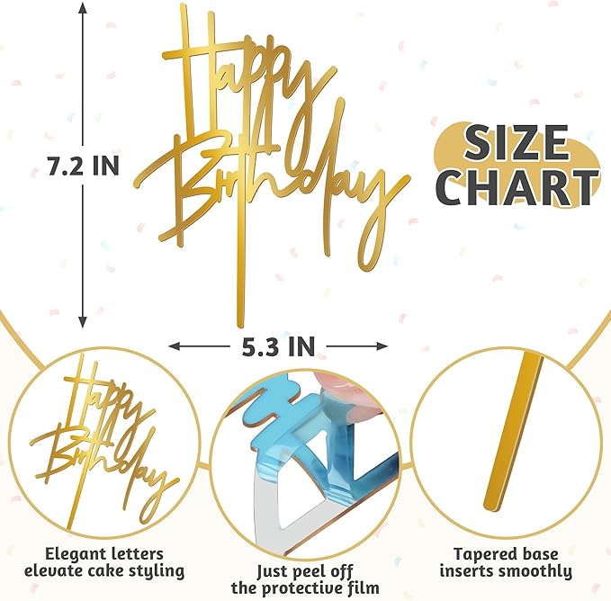 1PCS Gold Birthday Cake Topper, 5.3 x 7.2 Inches Acrylic Happy Birthday Cake - Image 2
