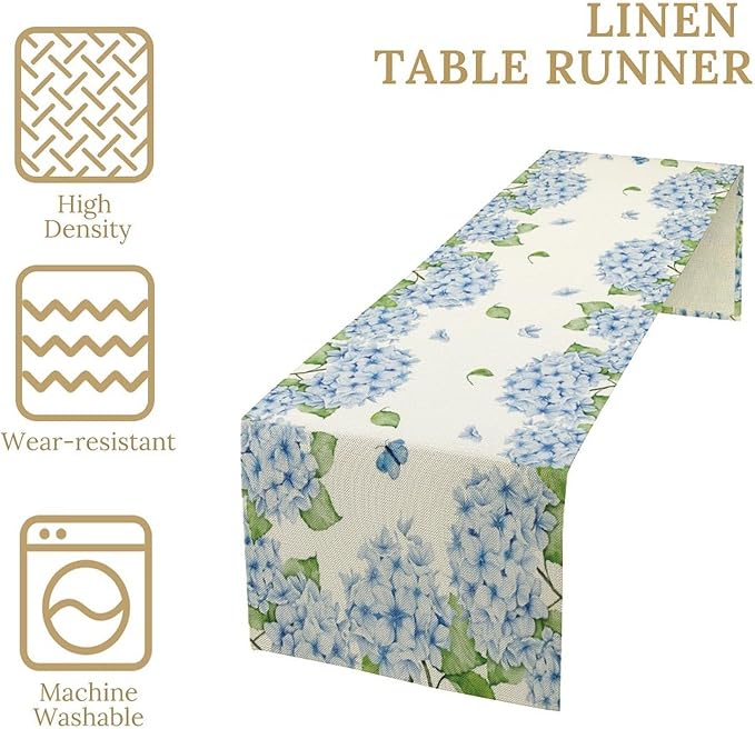 Watercolor Hydrangea Flower Table Runner, Spring Summer Seasonal Plants - Image 4