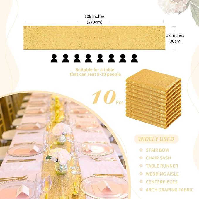Gold Table Runners 10 Packs 12x108 Inches Sequin Dining Glitter Table Runner - Image 3