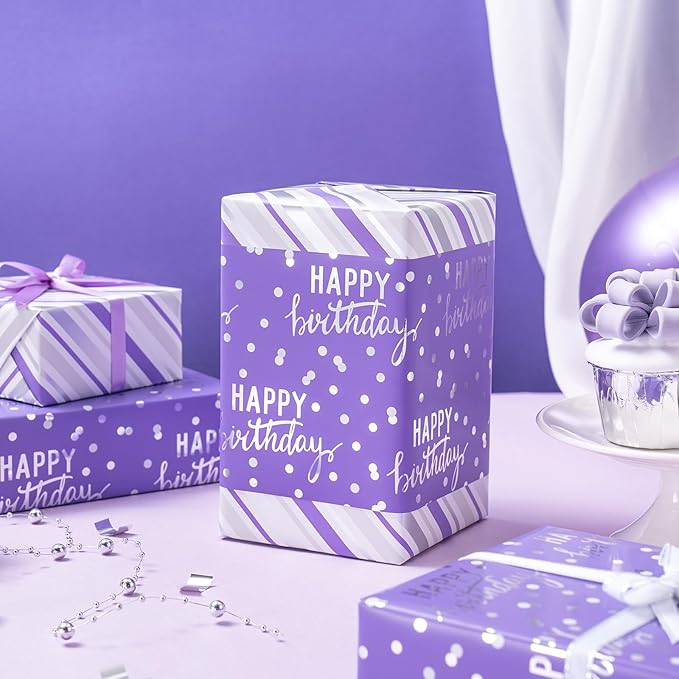 LeZakaa Reversible Purple Birthday Wrapping Paper Roll - Image 6