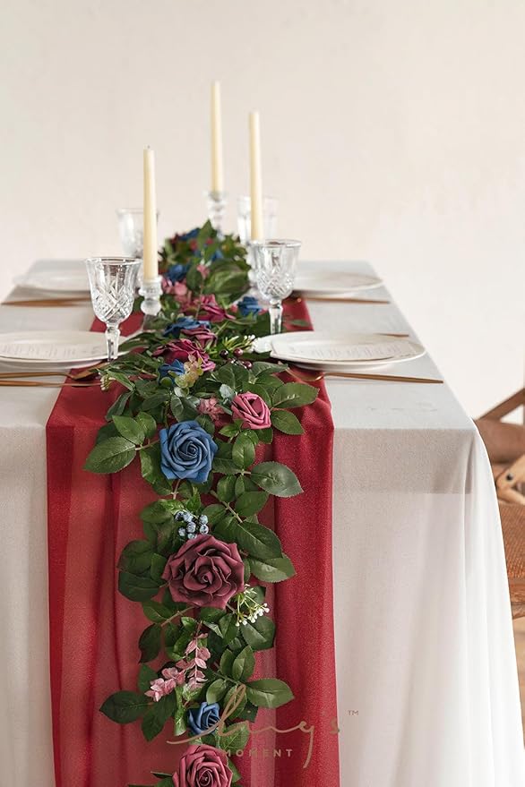 Ling's moment 5FT Burgundy Artificial Flower Garland Navy Blue Floral Arch - Image 3