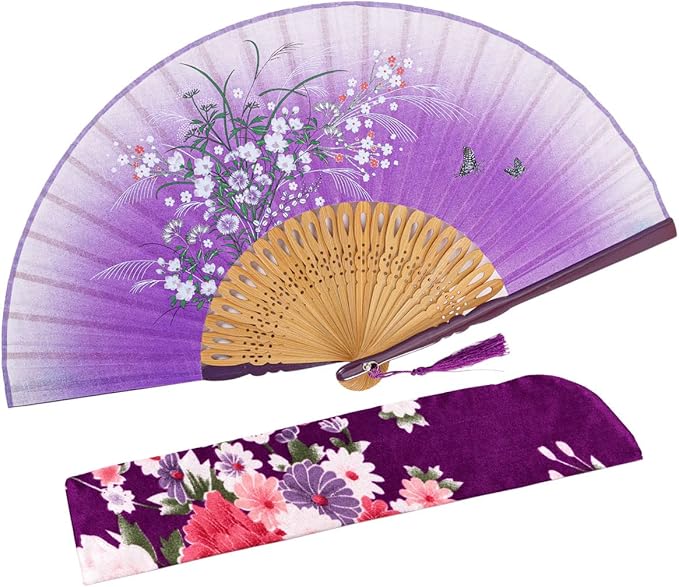 Amajiji 8.27" Hand Held Bamboo Silk Folding Fan Hand Fan, Chinese/Japanese by Amajiji