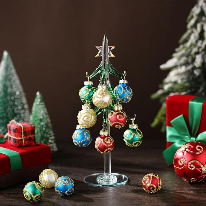 Glass Christmas Tree with 12 Ornament Glitter Balls Tabletop Wine Glass Charms - Image 5