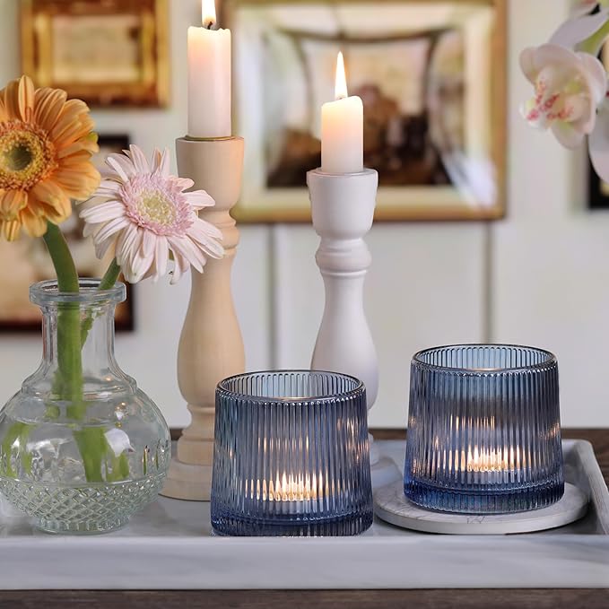 DARJEN Blue Ribbed Tealight Votive Candle Holders- 6Pack Glass Candle Holders - Image 5