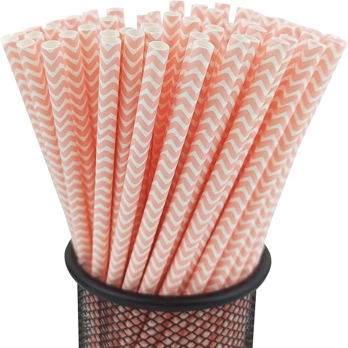 YAOSHENG Premium Disposable Waves Striped Drinking Paper Straws, Pack 100 Pink by YAOSHENG