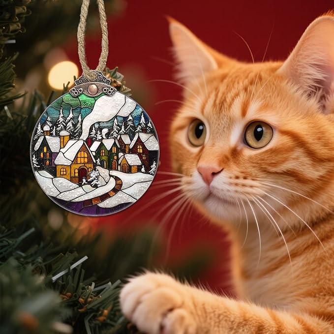 Stained Glass Christmas Decorations, Winter Snow Cabin Suncatcher - Image 5