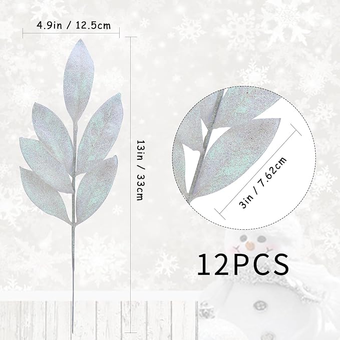 GREENTIME 12 Pack Artificial White Glitter Leaves 13" Fake Christmas Picks - Image 3
