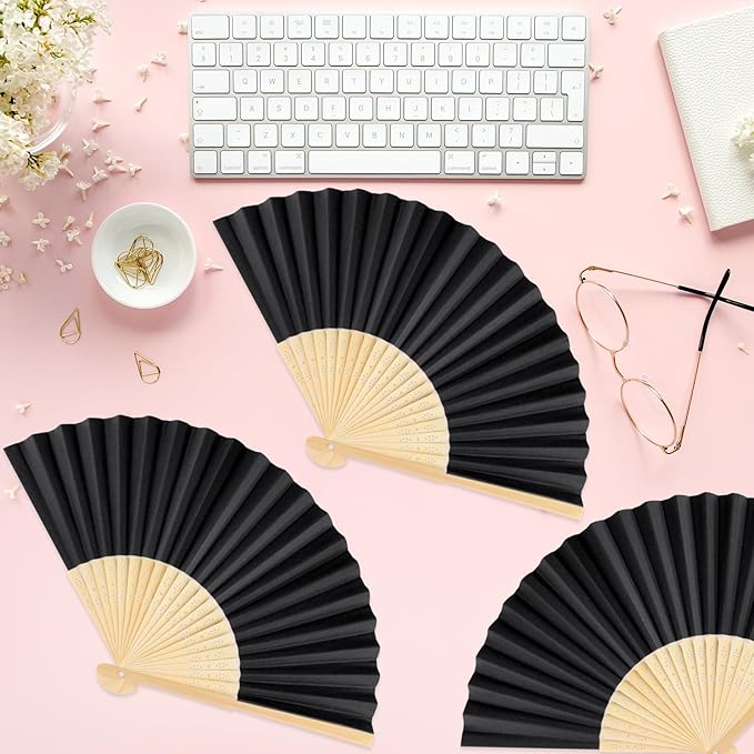 6 Pieces Black Hand Held Bamboo Folding Fans Foldable Paper Fans Handheld - Image 6