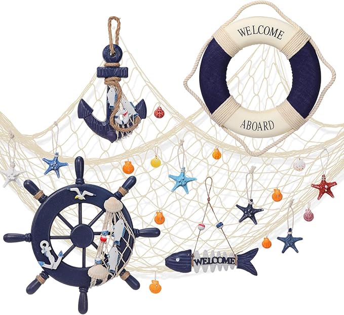 Marsui 11 Pcs Wooden Nautical Wall Decor Fishing Net Decoration, Include by Marsui