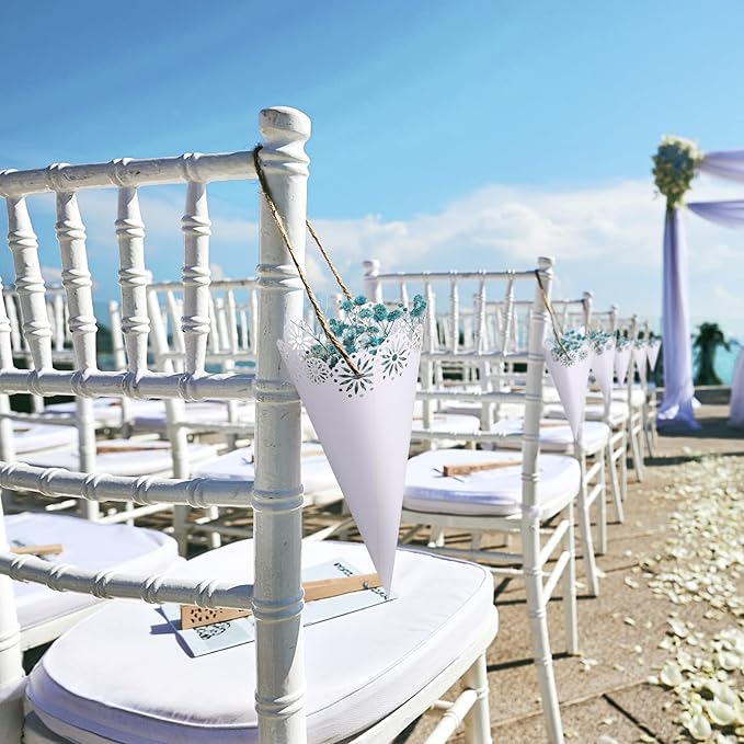 Yinsun 60pcs Wedding Confetti Cones White Hollow Paper Cone, Flower Pattern - Image 6