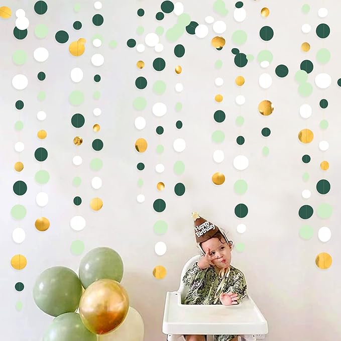 46 Ft Sage Green Gold Party Decorations Polka Dots Garlands Hanging Paper - Image 7