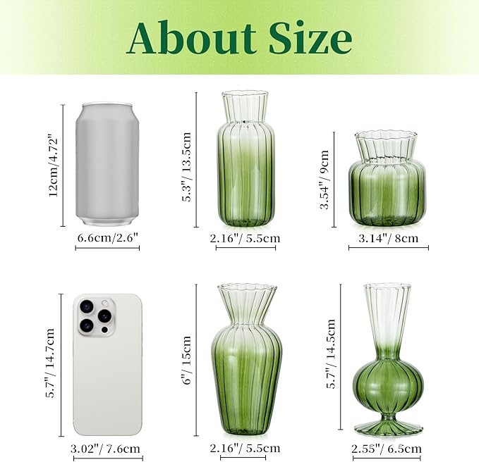 Hewory Small Ribbed Glass Bud Vases Set of 8 Green Flower Vase Centerpieces - Image 5