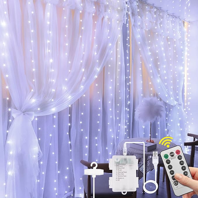 Vicloon Fairy Curtain Lights, 300 LED White Curtain Lights, 8 Modes 9.8×9.8Ft by Vicloon