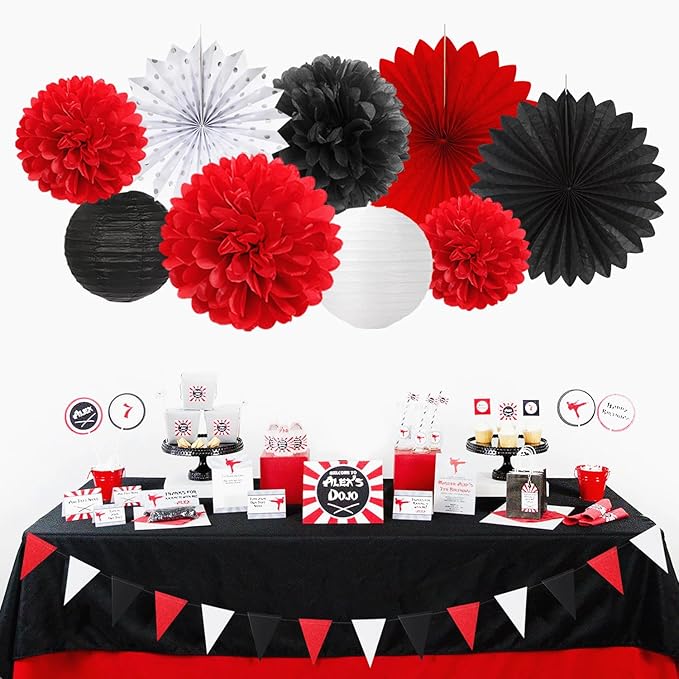 Red-Black White Party-Decorations Paper-Flowers Lanterns - Image 6