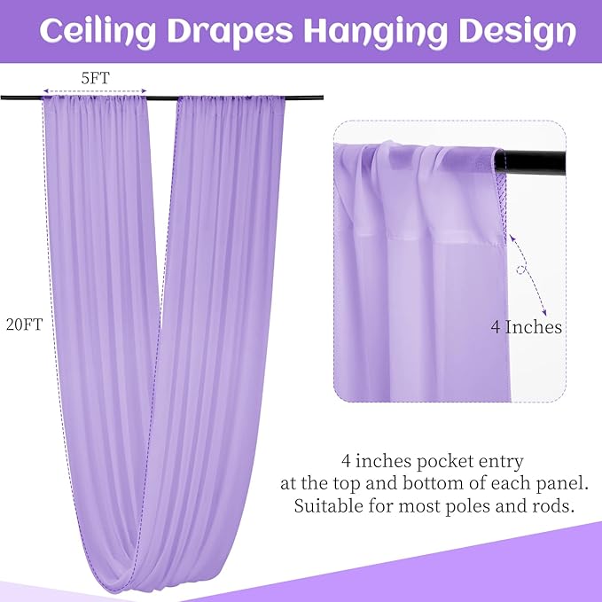 6 Panels Lilac Wedding Ceiling Drapes 5ftx20ft Ceiling Drapes Chiffon Fabric - Image 3