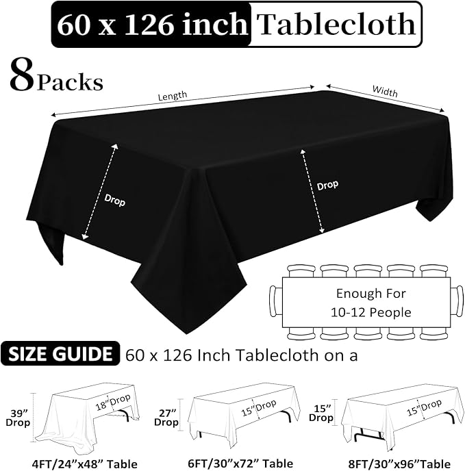 8 Pack Black Tablecloths 60 x 126 Inch Rectangular Table Cloths - Image 2