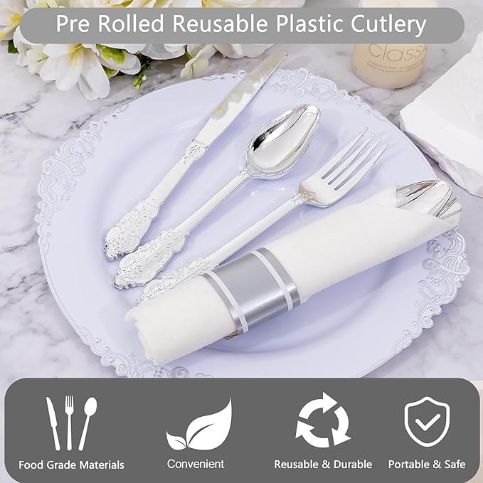 400PCS Pre Rolled Silver Plastic Silverware Sets - Image 5
