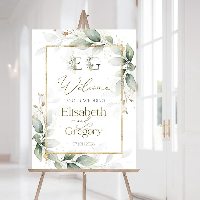 Welcome Wedding Signs, Modern Gold Sage Green Wedding Sign Decorations Signage by CENOVACY