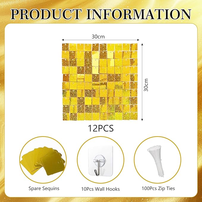 12PCS Gold Shimmer Wall Backdrop, Laser Square Sequin Photo Backdrops Panel - Image 2