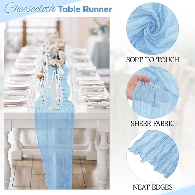 Aktor 4 Pack Light Blue Table Runner Boho Cheesecloth Table Runner Semi Sheer - Image 3