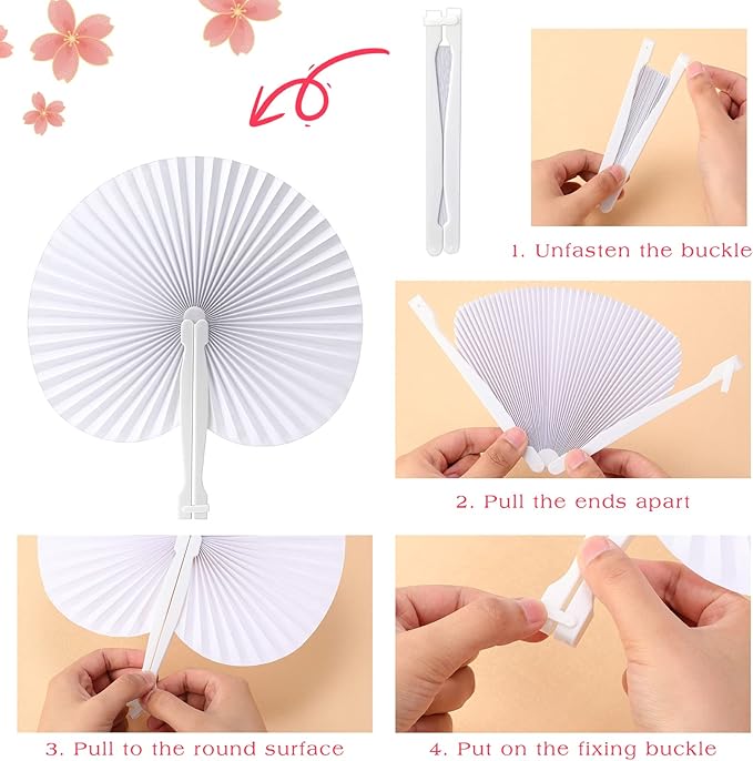 Handepo 200 Pieces Wedding Fans Folding Paper Fans Paper Fans Round Shaped - Image 6
