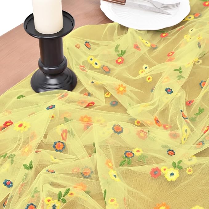 Joanlody 3pcs Yellow Embroidery Daisy Fall Thanksgiving Table Runner Florals - Image 3