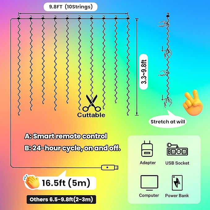 HXWEIYE 300LED Fairy Curtain Lights, 9.8x9.8Ft USB Plug-in 8 Modes Christmas - Image 5