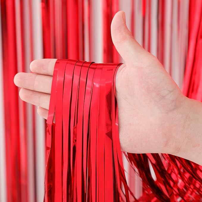 2 Pack Red Foil Fringe Backdrop Curtains, Tinsel Streamers Birthday Party - Image 2