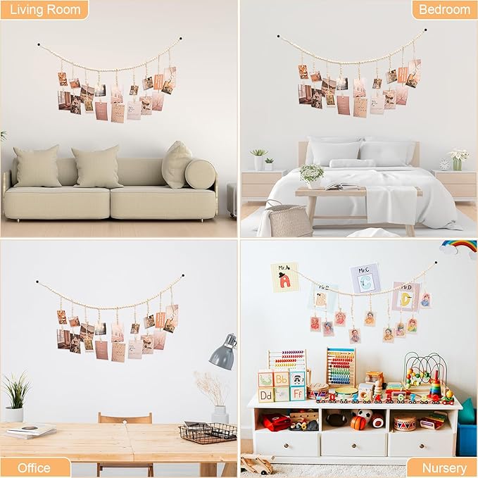 Hanging Photo Display with 18 Wood Clips, Boho Wooden Bead Wall Décor - Image 3