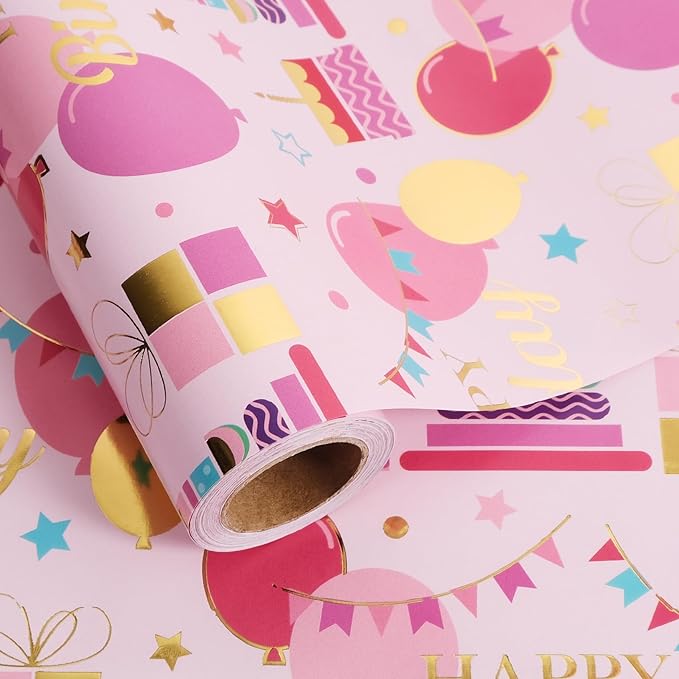 Aimyoo Pink Birthday Wrapping Paper Roll by Aimyoo
