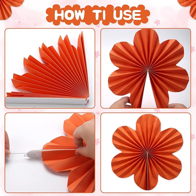 BestoFun 12 PCS Paper Flowers Fans Pink and Orange Party Decorations Paper - Image 3
