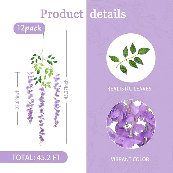 12 Pack Light Purple Wisteria Hanging Flowers Garland, 3.77 Feet Artificial - Image 3