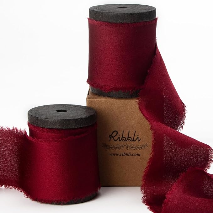 Ribbli Burgundy Silk Satin Ribbon 1.5 Inch x 12 Yard Handmade Frayed Chiffon by Ribbli