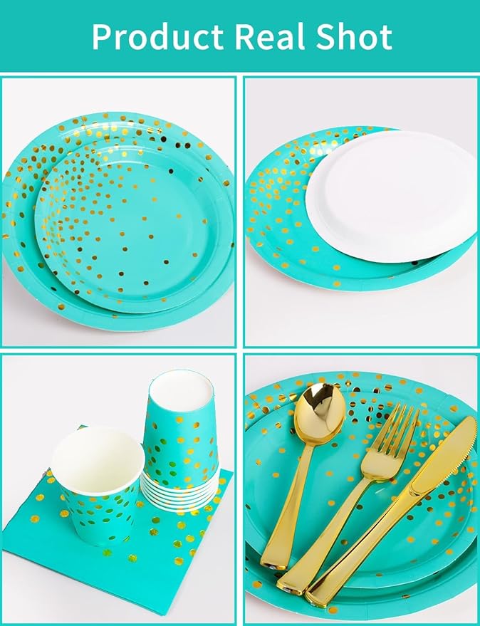 141 Pieces Blue Green and gold Party Supplies, Party Dinnerware Sets Include - Image 2