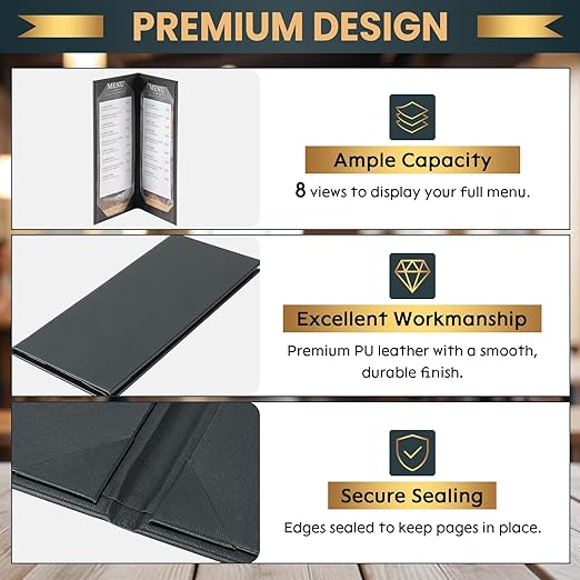 12 Pack 2 View Menu Holder Menu Covers 4.25" x 11" | Black Leather Menu Sleeves - Image 4