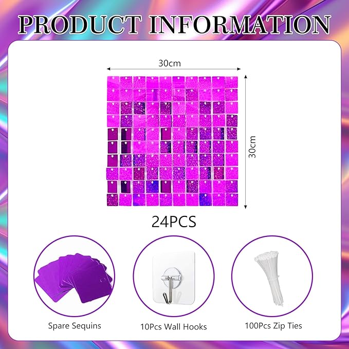 24PCS Purple Shimmer Wall Backdrop, Laser Square Sequin Photo Backdrops Panel - Image 2