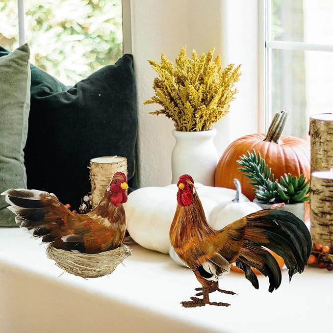 naturevibe 8.8 Inches Feathered Rooster Decor and Hen, Realistic Farm Animals - Image 3