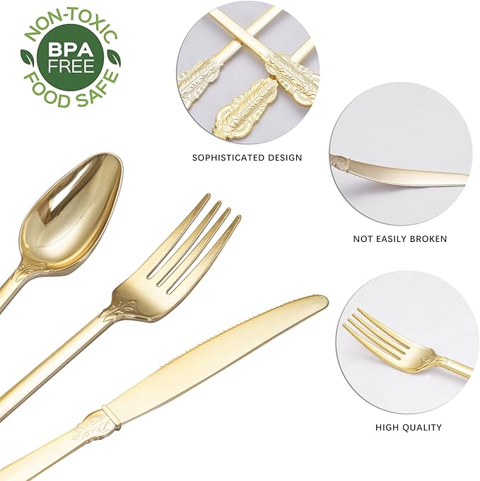 NOCCUR 180PCS Gold Plastic Cutlery Set - Image 4