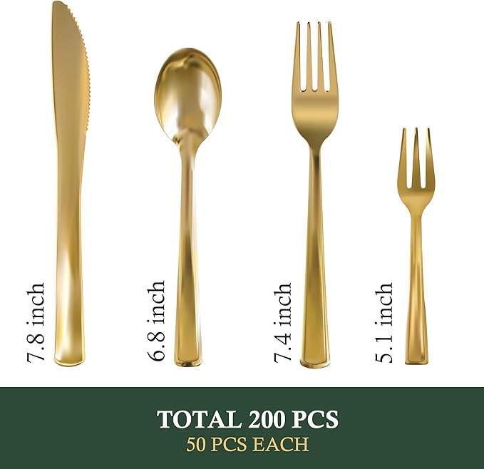 Neatiffy 200 Pcs Gold Plastic Silverware Disposable Cutlery Set, Includes 50 - Image 2