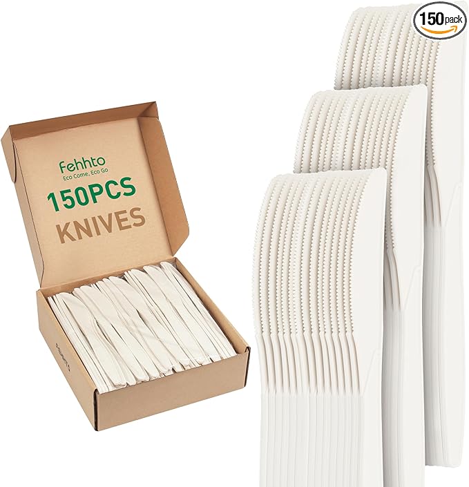 100% Compostable Knives, 7.7" 150pcs Large Disposable Cornstarch Cutlery Heavy by FEHHTOEco-friendlyLiving