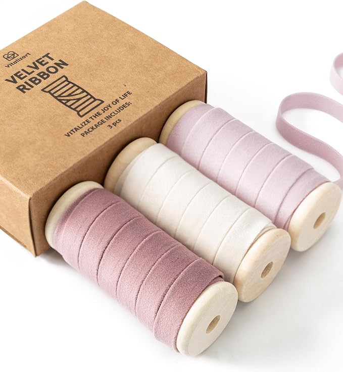 Vitalizart Velvet Ribbon Pink White Set 3/8" x 15 Yd Wooden Spool Fabric Trim 3 by Vitalizart