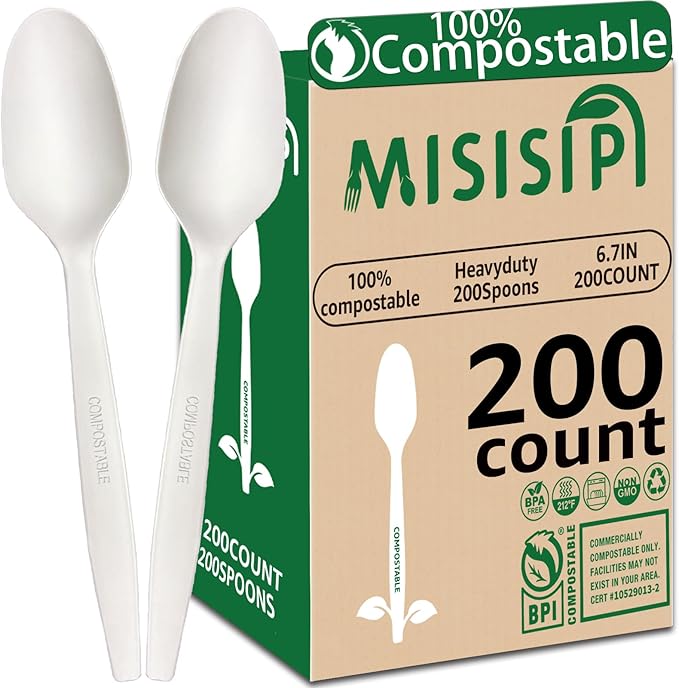 MISISIPI 200Count 100% Compostable Spoons Biodegradable Spoon HeavyDuty No by MISISIPI