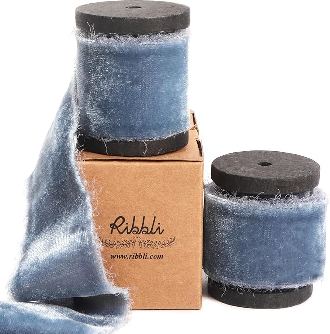 Ribbli Dusty Blue Velvet Ribbon 1.5 Inch Handmade Frayed Vintage Christmas by Ribbli