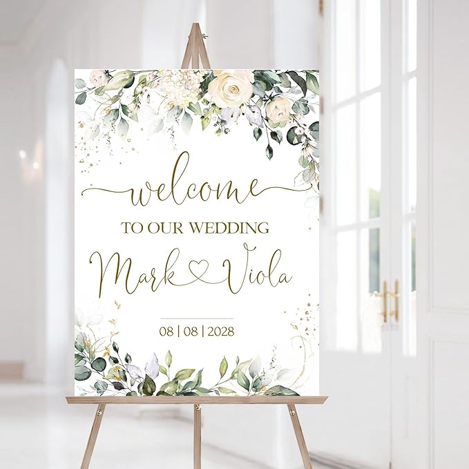 Welcome Wedding Sign Personalized, Minimalist Ivory Floral Wedding Sign by CENOVACY
